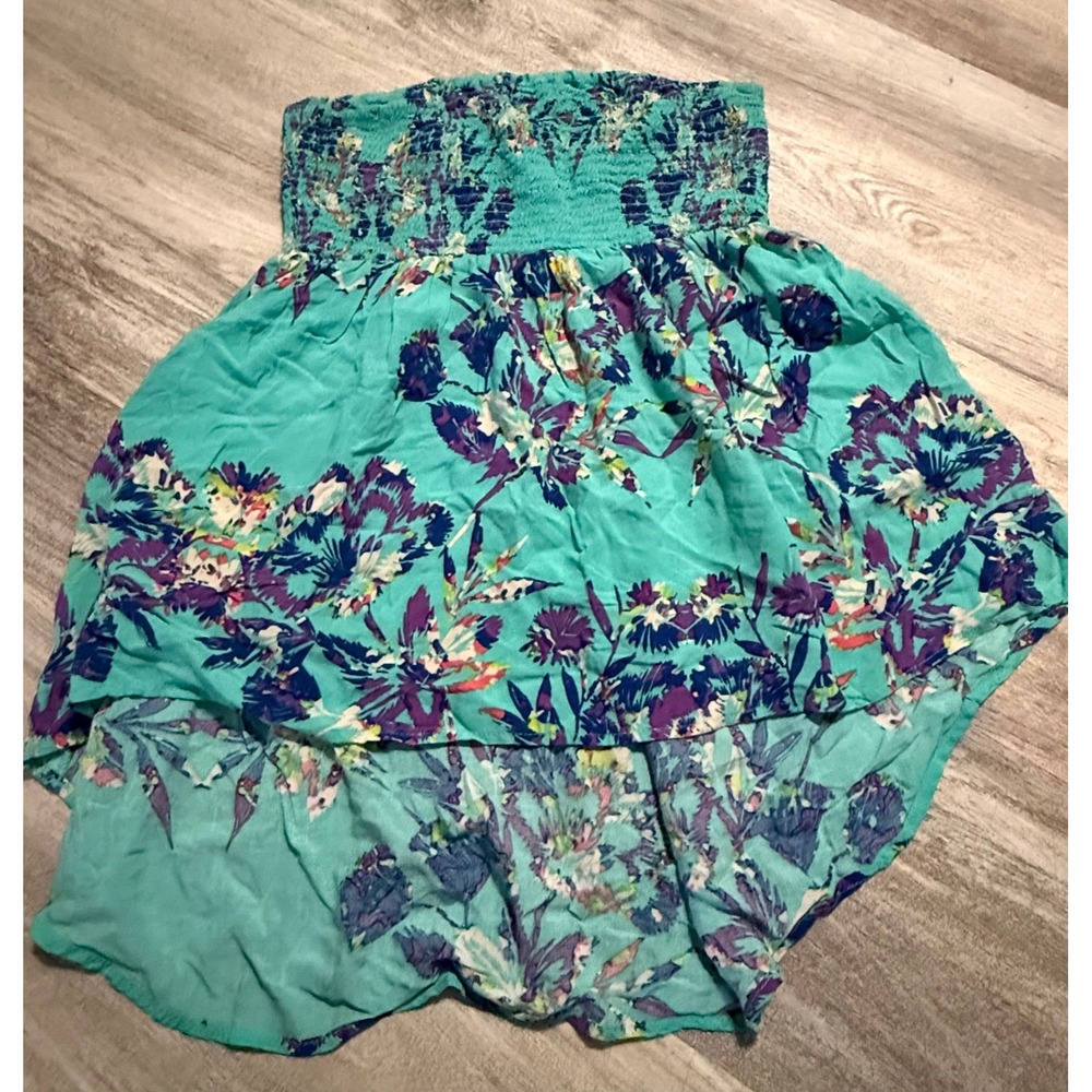 Xhilaration Teal Purple Floral Strapless Smocked High Low Dress Womens Medium
